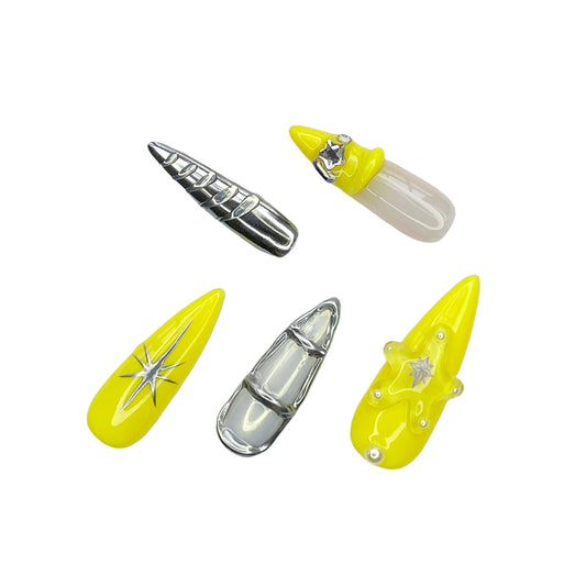 3D Metallic Jelly Yellow Almond Press-On Nails