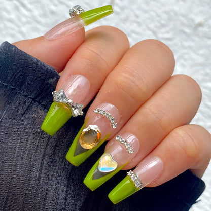 French-tip Light Green Crystal Bow Handmade Press-On Nails