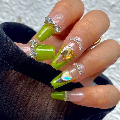 French-tip Light Green Crystal Bow Handmade Press-On Nails