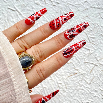 Red Hand-Painted Halloween Handmade Press-On Nails