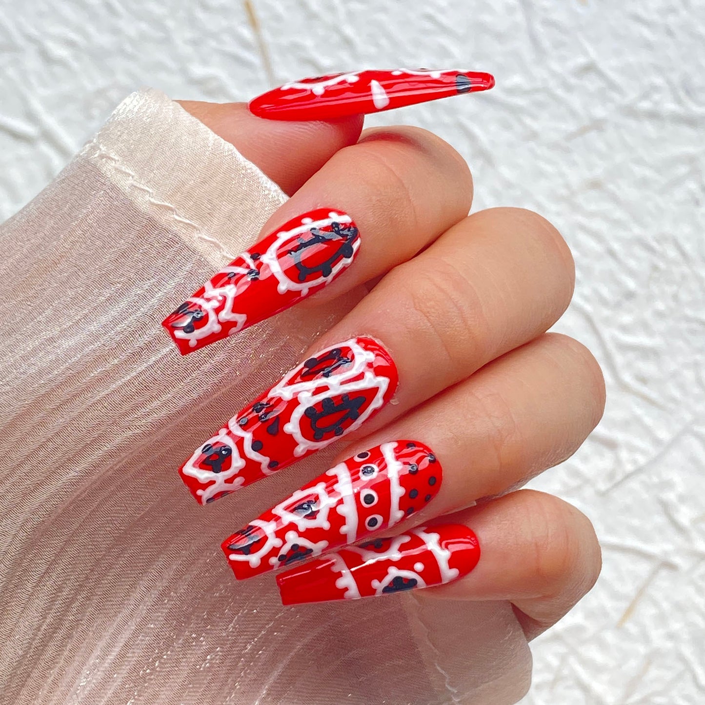 Red Hand-Painted Halloween Handmade Press-On Nails