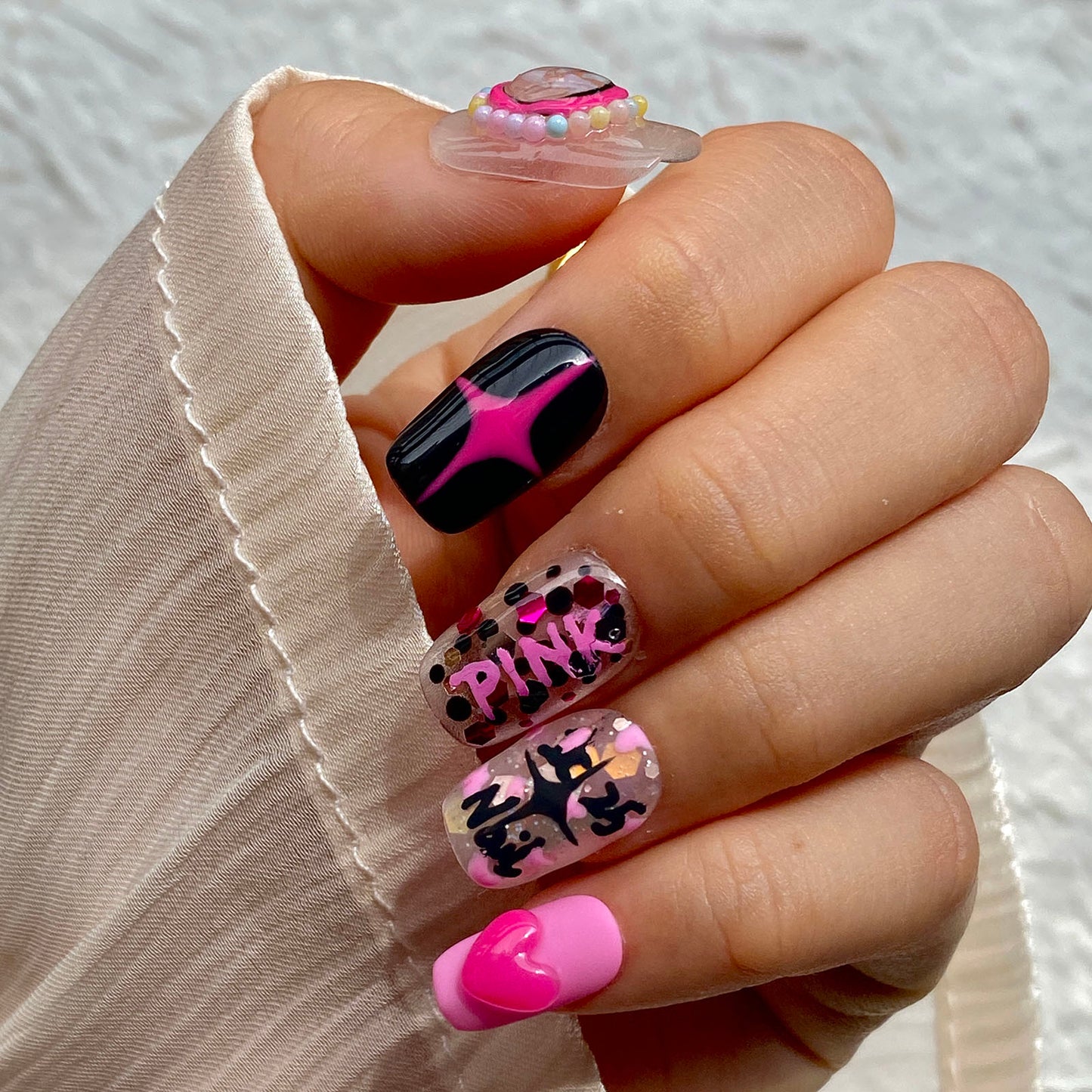 Barbie Pink Square Hand-Painted Press-On Nails