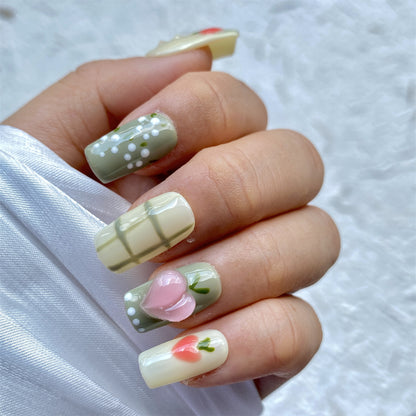 Hand-Painted 3D Peach plaid Handmade Press-On Nails