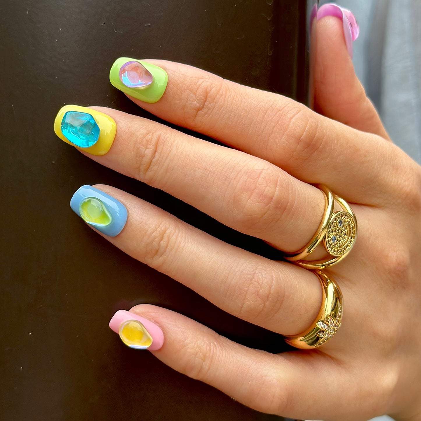 Dopamine mixed macaron colors nails in colorful fake crystal stones