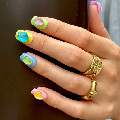 Dopamine mixed macaron colors nails in colorful fake crystal stones