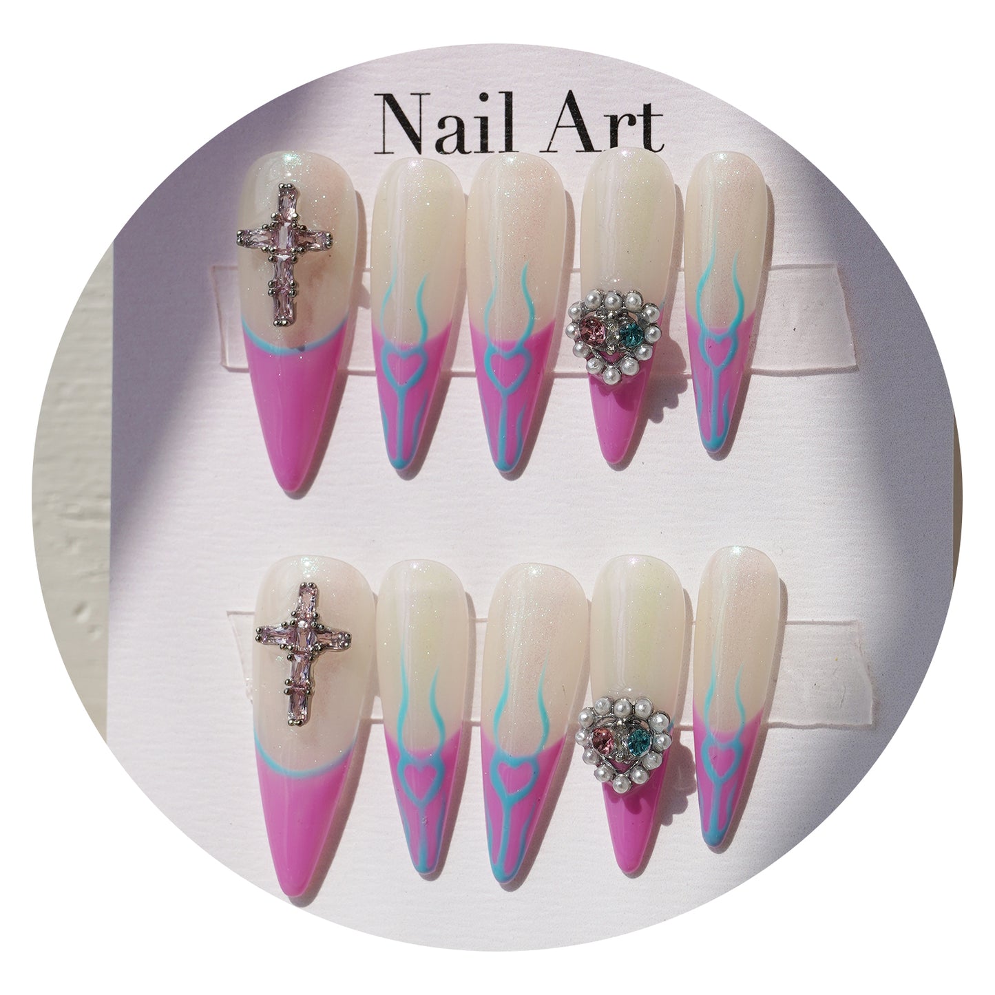 Fake diamond cross and hearts French tip pink blue texture hand-painted nails