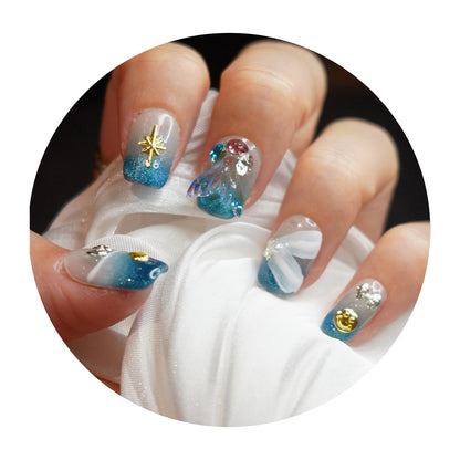 Crystal blue Mermaid Oceanic shells and stars ombre blue white beach nails