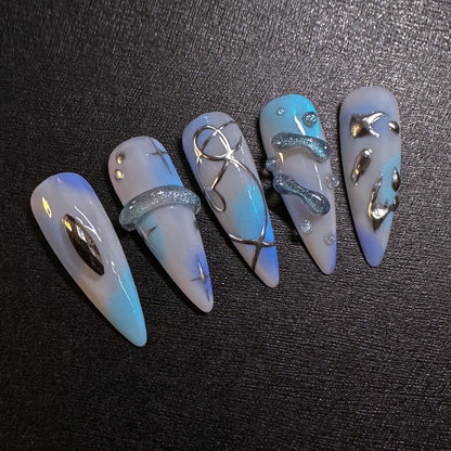 Blue Galaxy 3D Press-On Nails