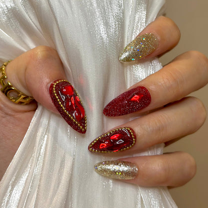 Sequins bling and shiny red stones nails suits wedding or celebration