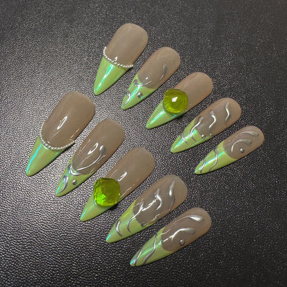 Elegant SGreen French tip 3D Press-On Nails