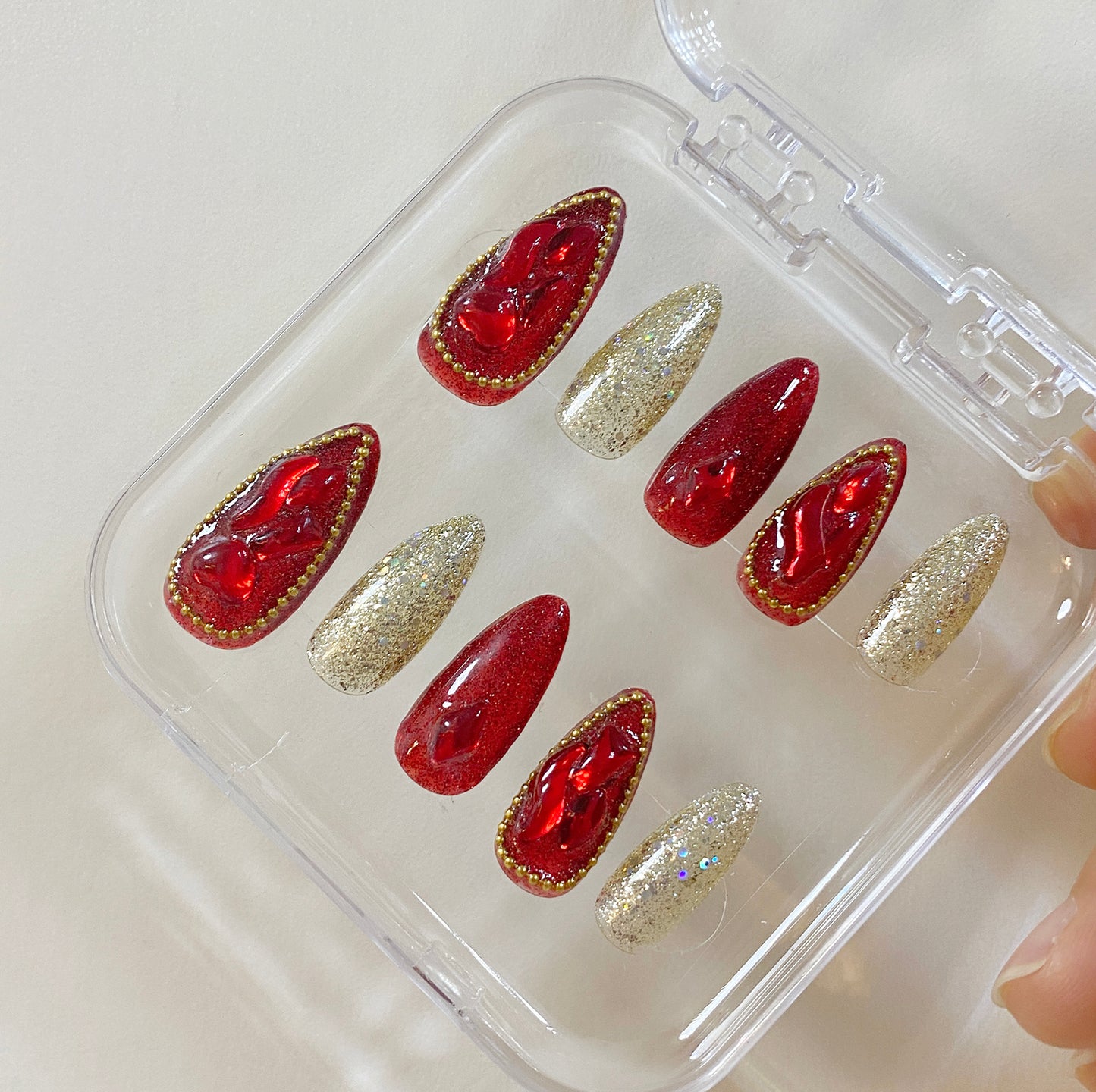 Sequins bling and shiny red stones nails suits wedding or celebration