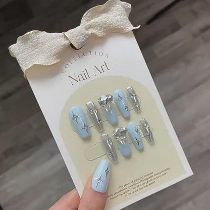 Macaron blue silvery bling bling Diamond pattern nail art